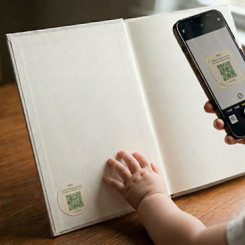 A baby's hand resting on an open book with a Lullavo QR sticker on the page, while a phone scans the code to play the recording.